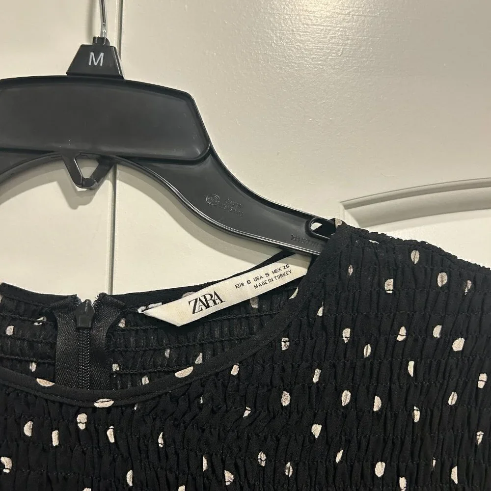 Zara Black and White Polka Dot Smocked Peplum Mesh Blouse Women’s Size Small